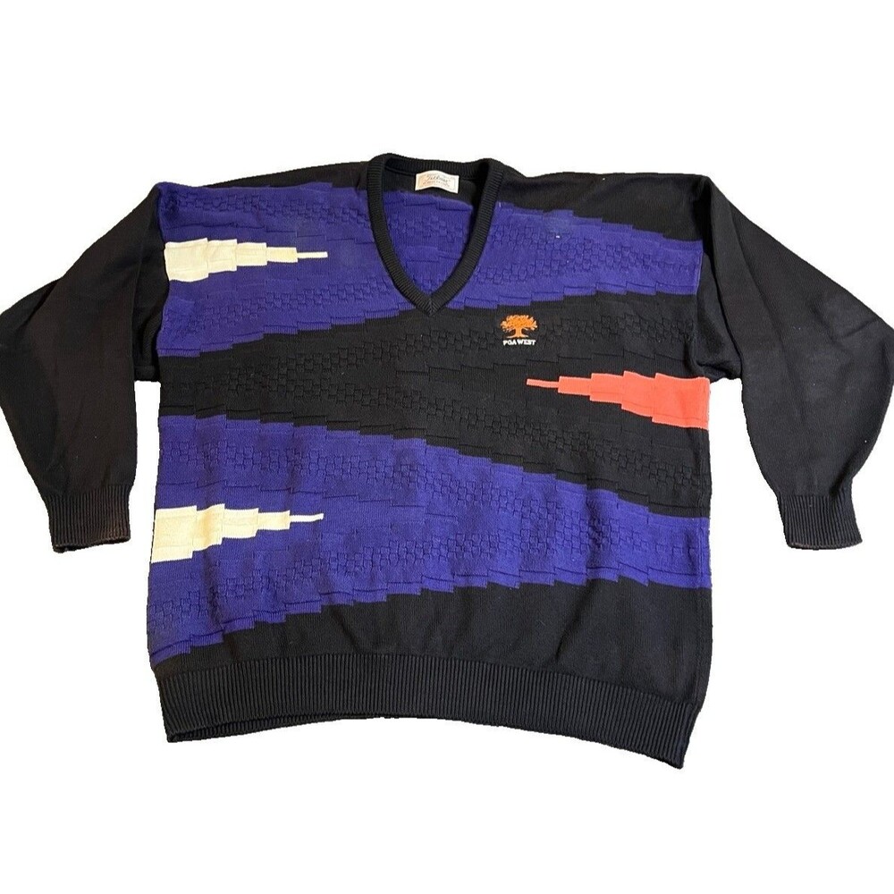 Vtg 90s Titleist by Corbin Colorblock Knit Sweater V Neck 2XL PGA West Logo Golf